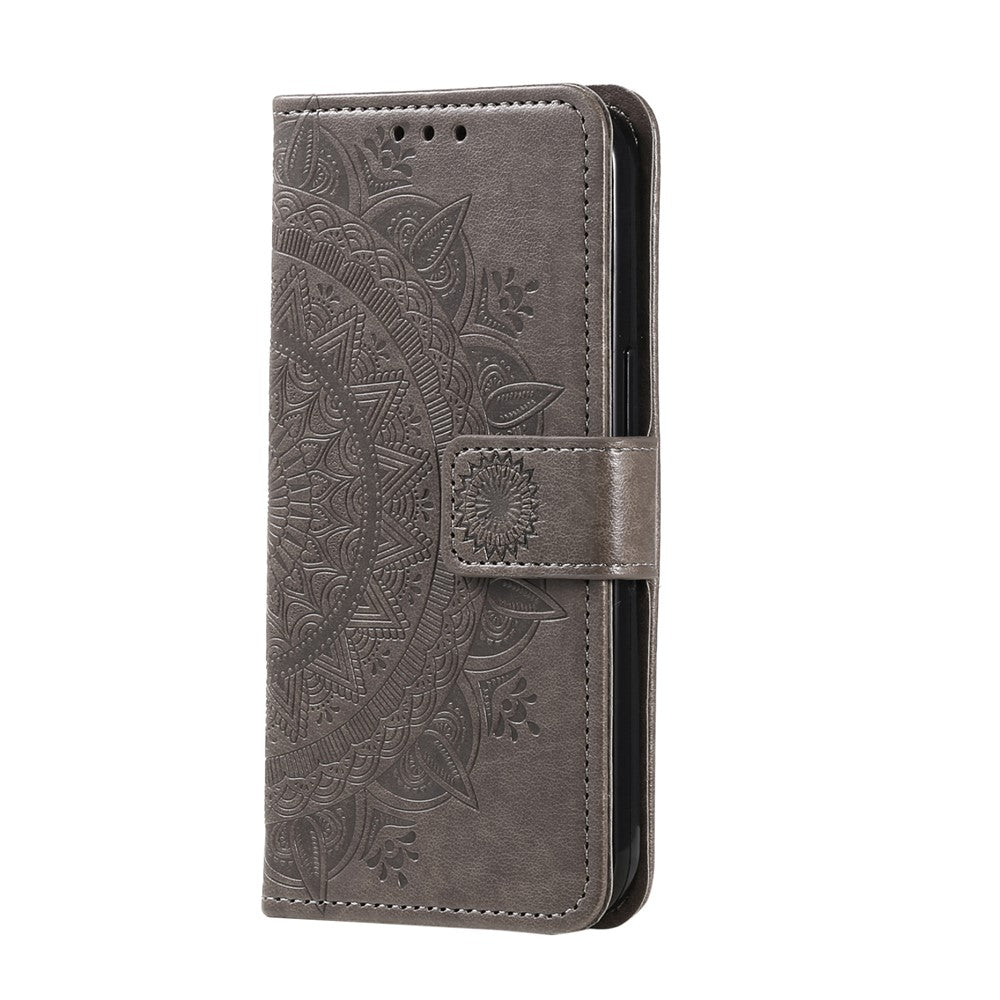 For Samsung Galaxy A57 5G Stand Case Imprinted Totem PU Leather Wallet Phone Cover with Wrist Strap - Grey