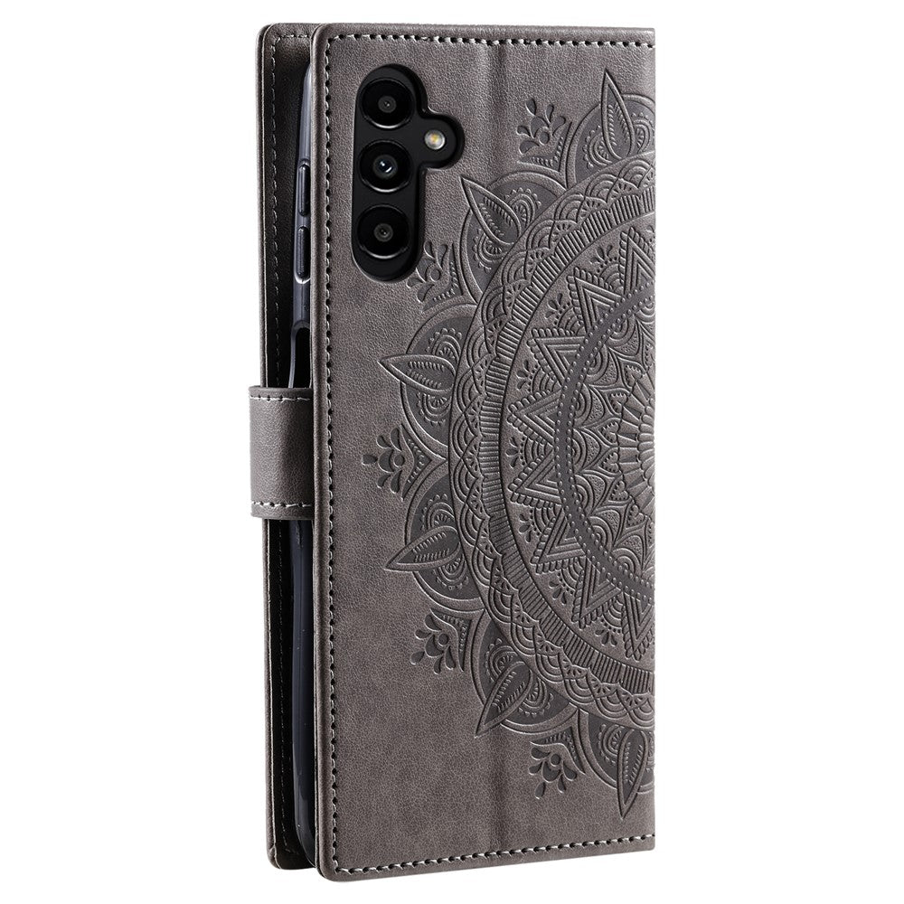 For Samsung Galaxy A57 5G Stand Case Imprinted Totem PU Leather Wallet Phone Cover with Wrist Strap - Grey