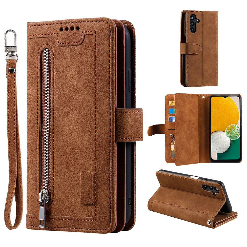 For Samsung Galaxy A57 5G Case 9 Card Slots Zipper Wallet PU Leather Phone Cover with Wrist Strap - Brown