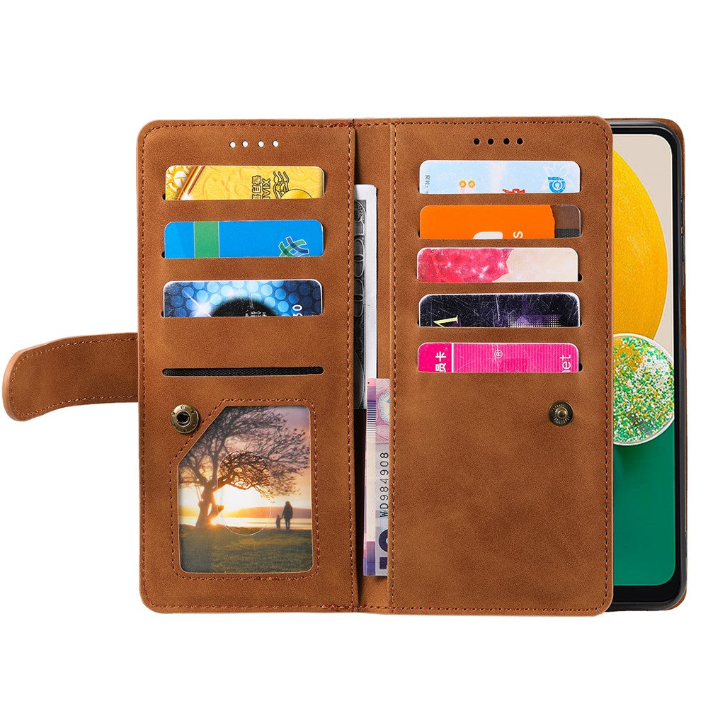 For Samsung Galaxy A57 5G Case 9 Card Slots Zipper Wallet PU Leather Phone Cover with Wrist Strap - Brown
