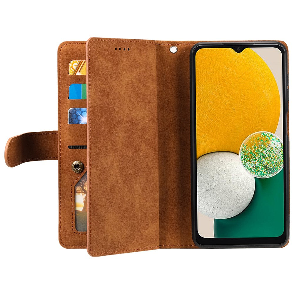 For Samsung Galaxy A57 5G Case 9 Card Slots Zipper Wallet PU Leather Phone Cover with Wrist Strap - Brown