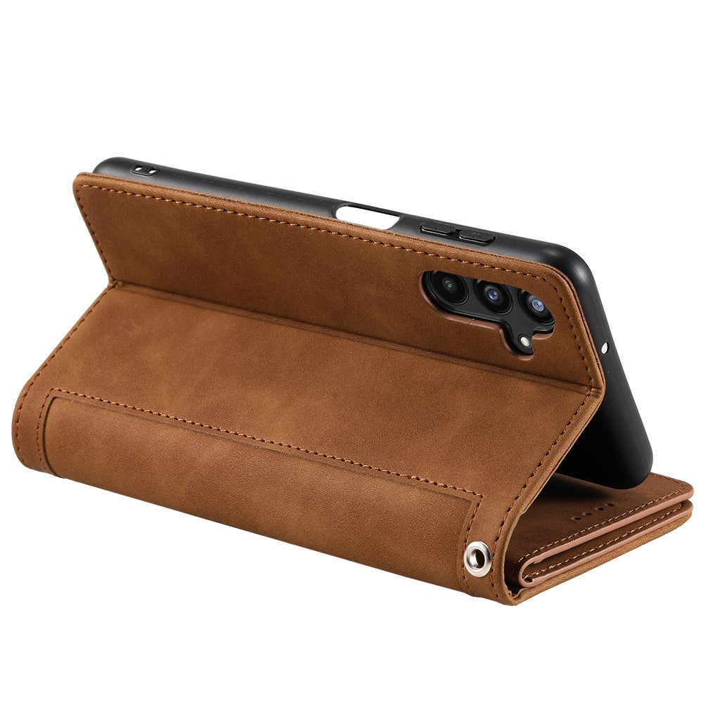 For Samsung Galaxy A57 5G Case 9 Card Slots Zipper Wallet PU Leather Phone Cover with Wrist Strap - Brown