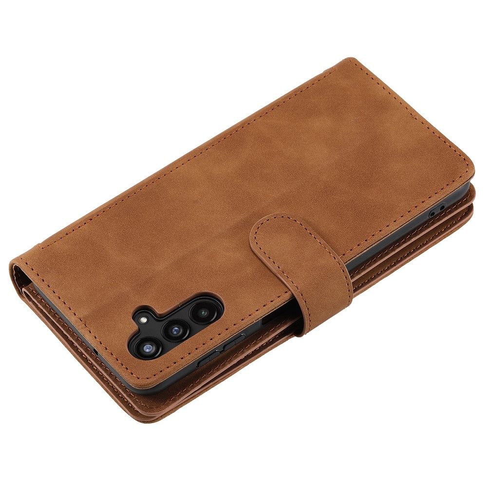 For Samsung Galaxy A57 5G Case 9 Card Slots Zipper Wallet PU Leather Phone Cover with Wrist Strap - Brown