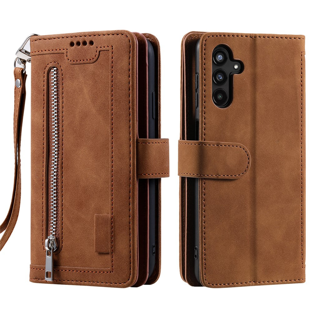 For Samsung Galaxy A57 5G Case 9 Card Slots Zipper Wallet PU Leather Phone Cover with Wrist Strap - Brown