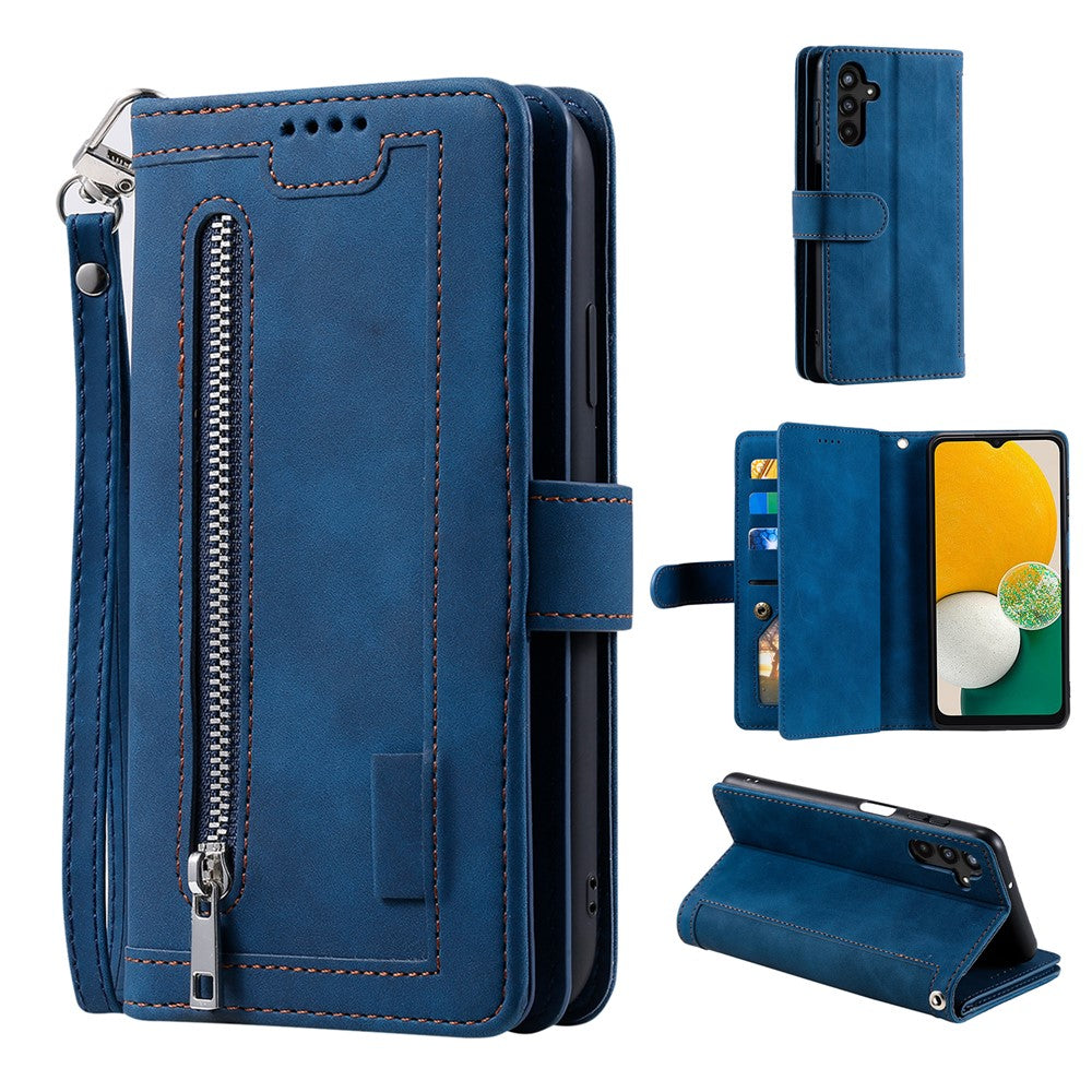 For Samsung Galaxy A57 5G Case 9 Card Slots Zipper Wallet PU Leather Phone Cover with Wrist Strap - Blue