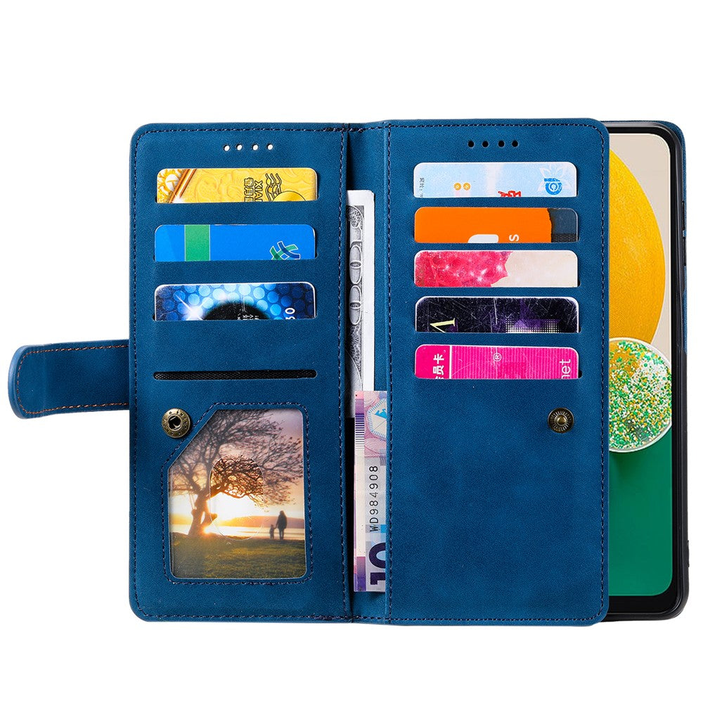 For Samsung Galaxy A57 5G Case 9 Card Slots Zipper Wallet PU Leather Phone Cover with Wrist Strap - Blue