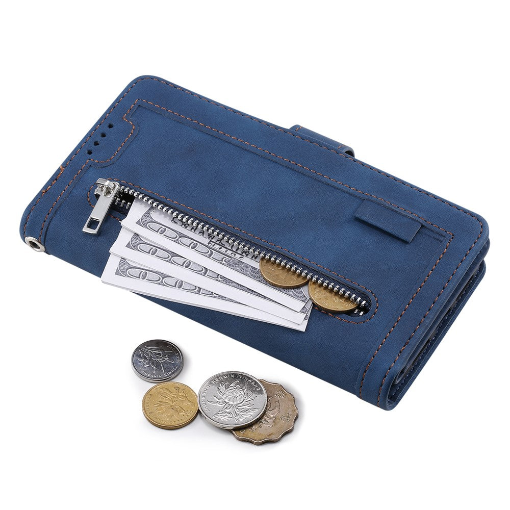 For Samsung Galaxy A57 5G Case 9 Card Slots Zipper Wallet PU Leather Phone Cover with Wrist Strap - Blue