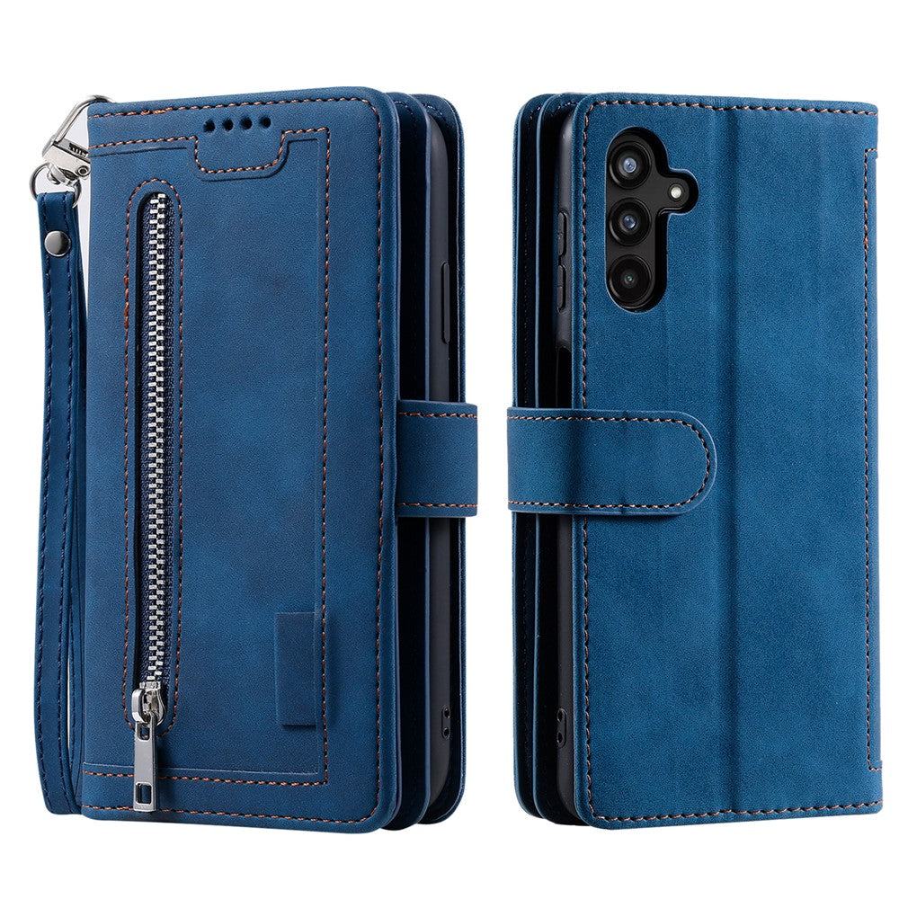 For Samsung Galaxy A57 5G Case 9 Card Slots Zipper Wallet PU Leather Phone Cover with Wrist Strap - Blue