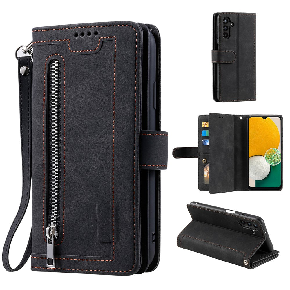 For Samsung Galaxy A57 5G Case 9 Card Slots Zipper Wallet PU Leather Phone Cover with Wrist Strap - Black