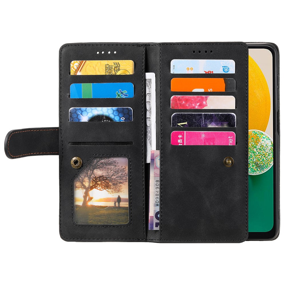 For Samsung Galaxy A57 5G Case 9 Card Slots Zipper Wallet PU Leather Phone Cover with Wrist Strap - Black