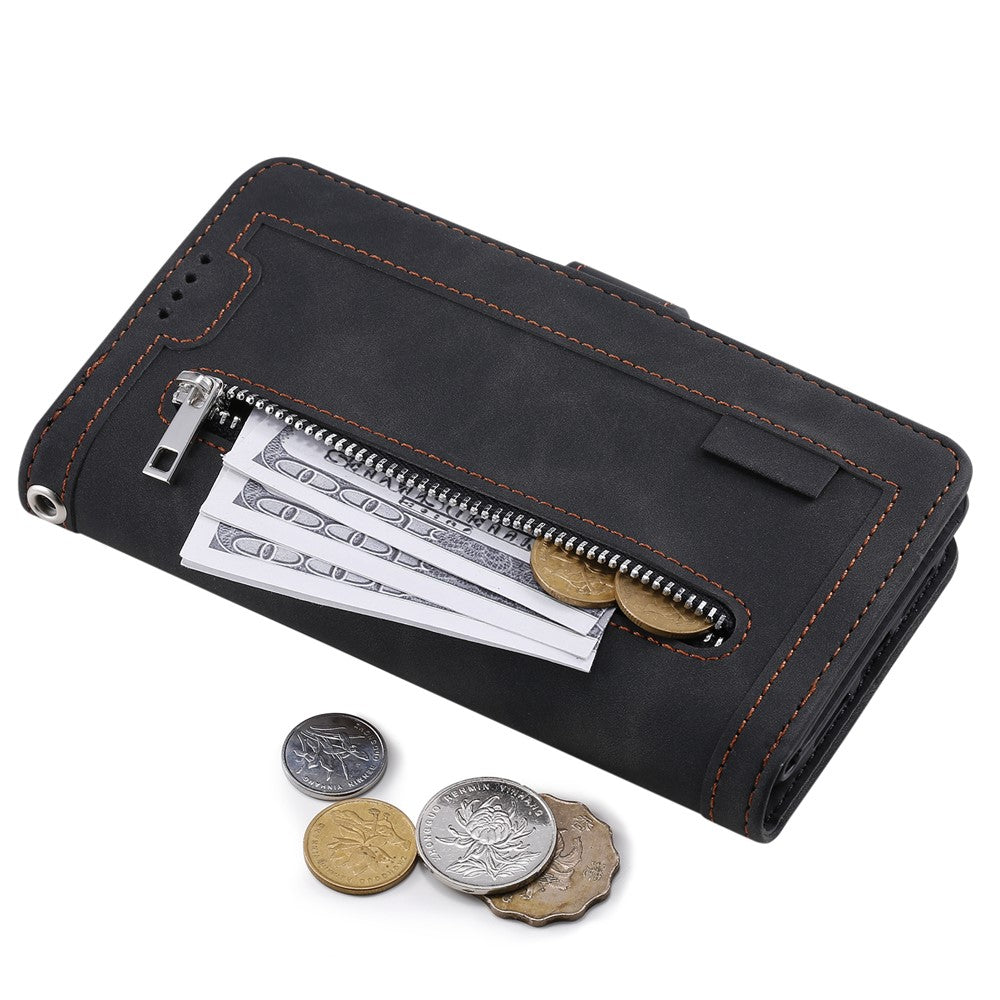 For Samsung Galaxy A57 5G Case 9 Card Slots Zipper Wallet PU Leather Phone Cover with Wrist Strap - Black