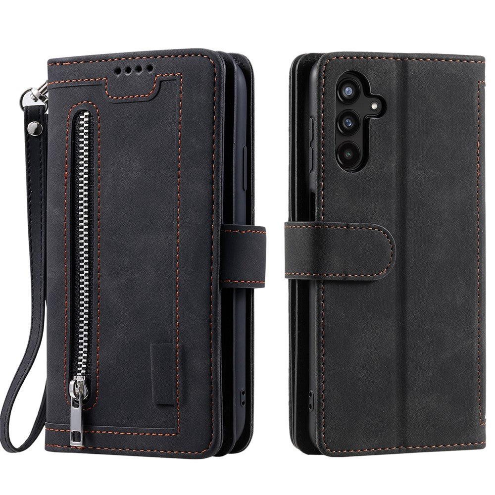 For Samsung Galaxy A57 5G Case 9 Card Slots Zipper Wallet PU Leather Phone Cover with Wrist Strap - Black