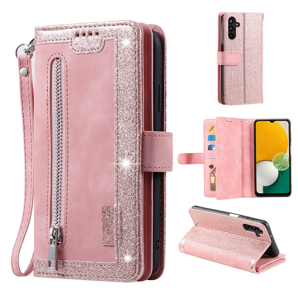 For Samsung Galaxy A57 5G Case 9 Card Slots Zipper Wallet PU Leather Phone Cover with Wrist Strap - Rose Gold