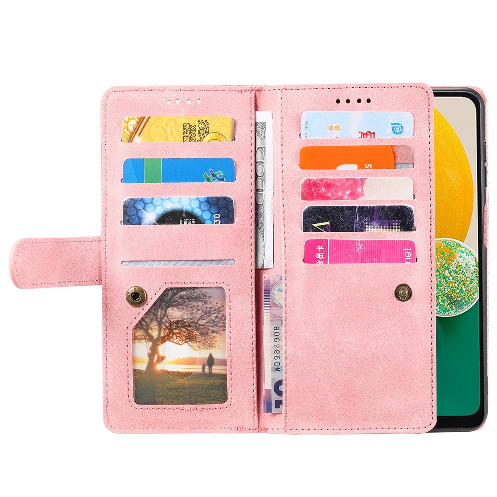 For Samsung Galaxy A57 5G Case 9 Card Slots Zipper Wallet PU Leather Phone Cover with Wrist Strap - Rose Gold