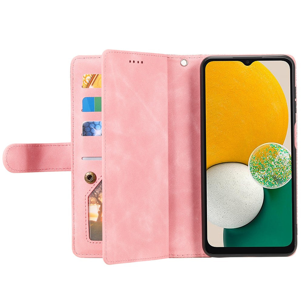 For Samsung Galaxy A57 5G Case 9 Card Slots Zipper Wallet PU Leather Phone Cover with Wrist Strap - Rose Gold