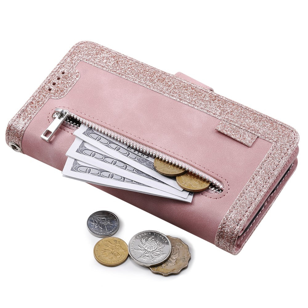 For Samsung Galaxy A57 5G Case 9 Card Slots Zipper Wallet PU Leather Phone Cover with Wrist Strap - Rose Gold