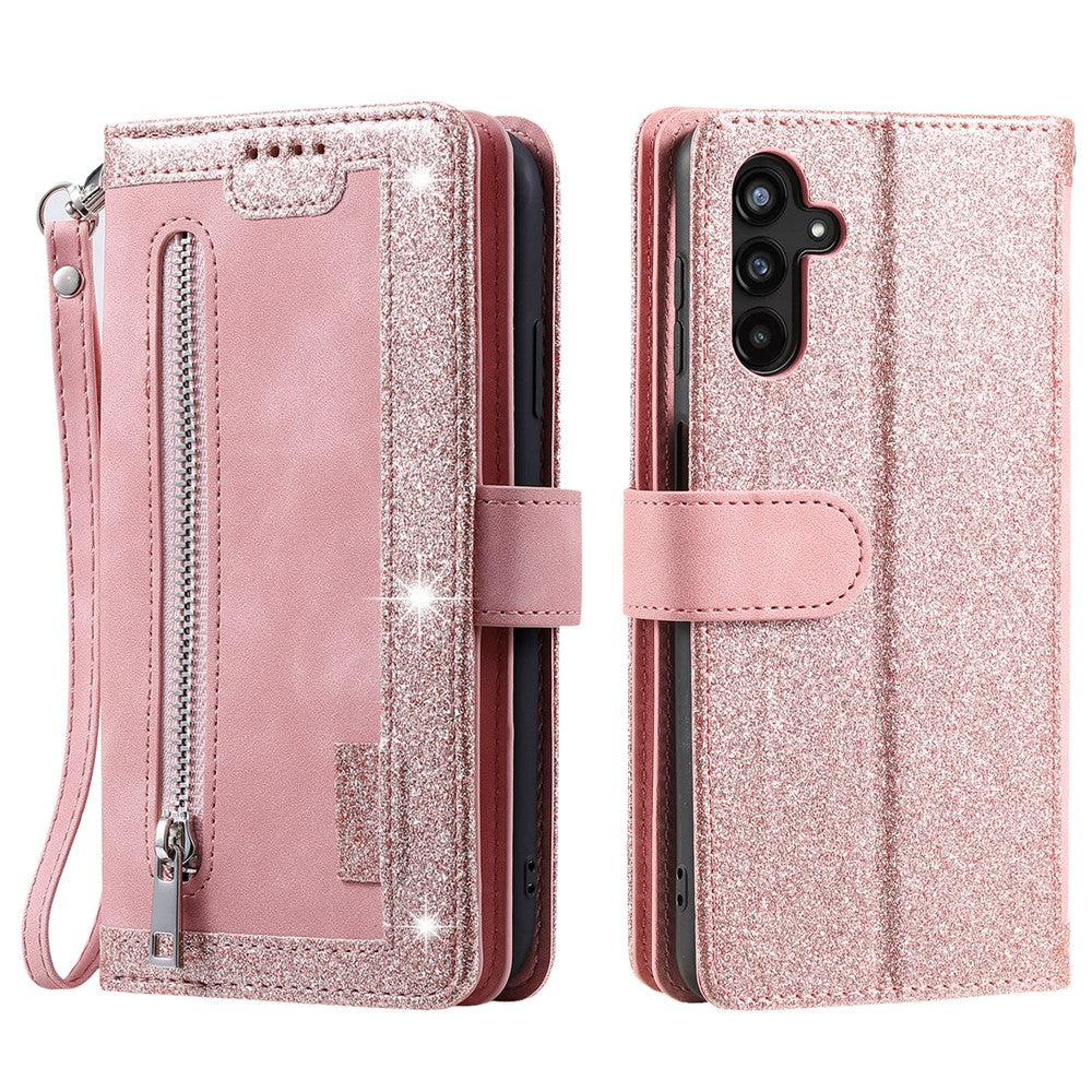 For Samsung Galaxy A57 5G Case 9 Card Slots Zipper Wallet PU Leather Phone Cover with Wrist Strap - Rose Gold