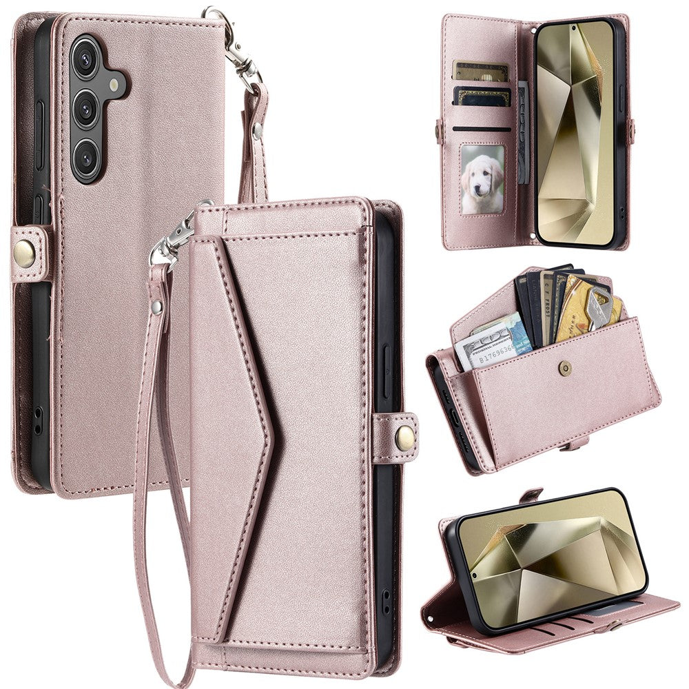For Samsung Galaxy A57 5G Leather Case with Wrist Strap Wallet Stand Phone Cover - Rose Gold