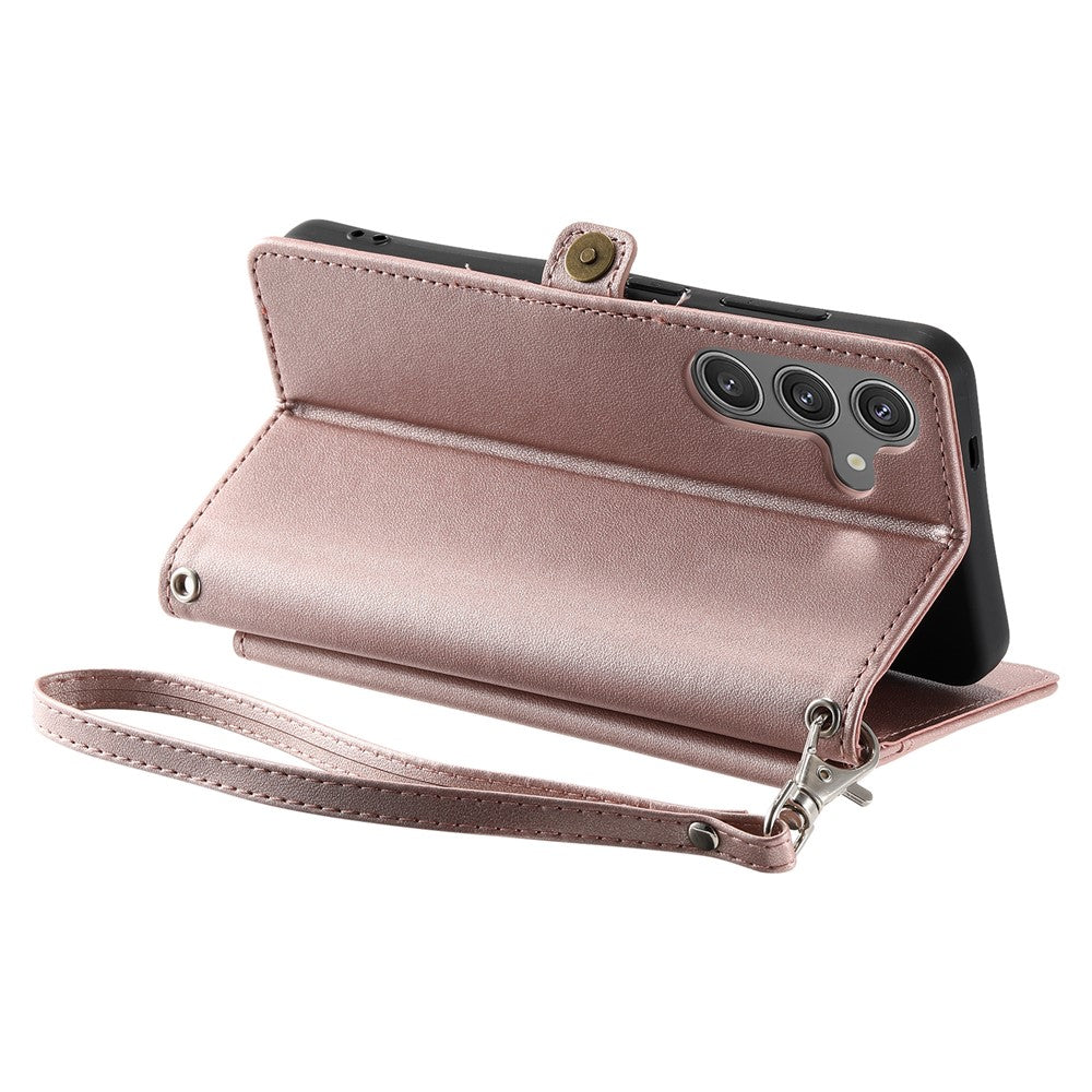 For Samsung Galaxy A57 5G Leather Case with Wrist Strap Wallet Stand Phone Cover - Rose Gold