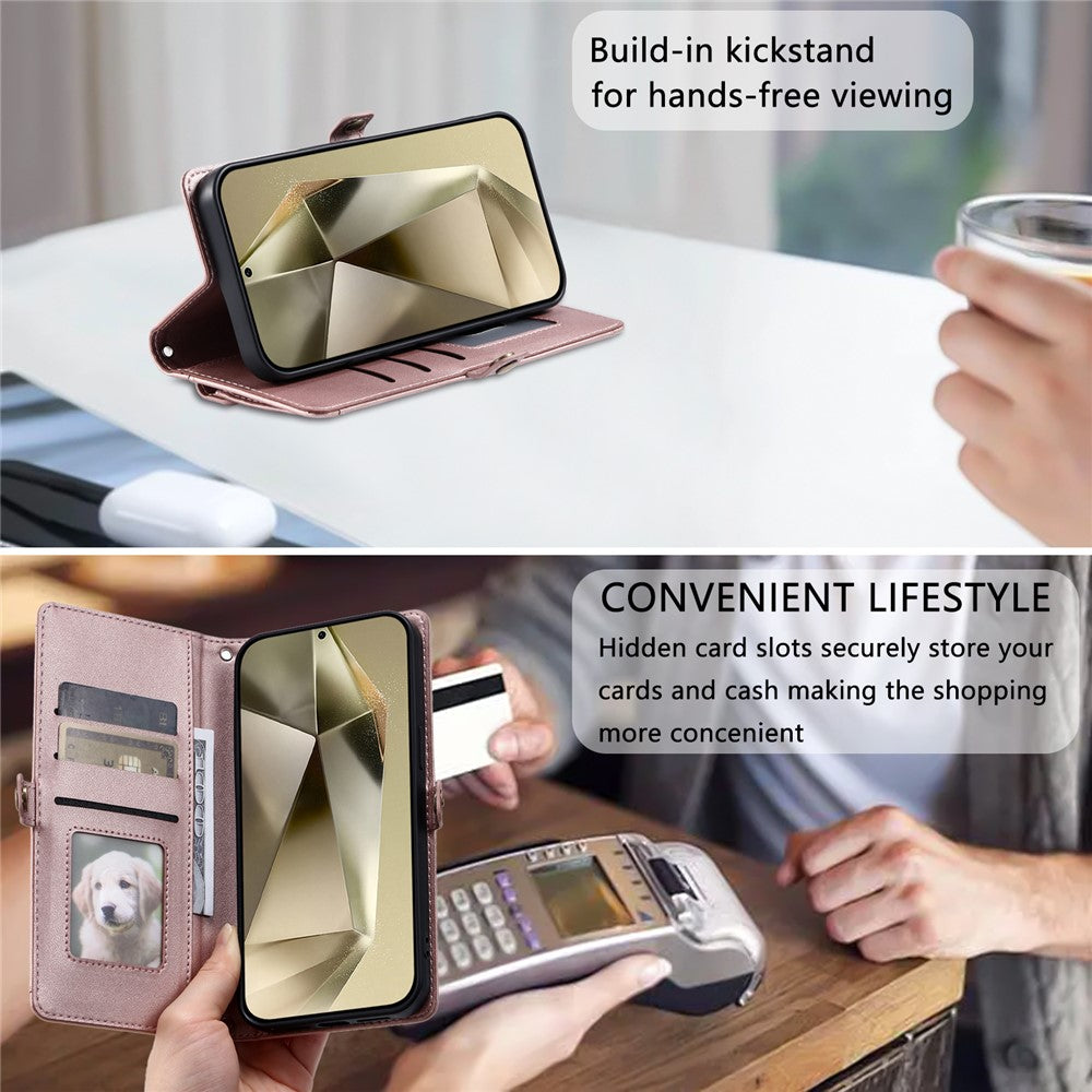 For Samsung Galaxy A57 5G Leather Case with Wrist Strap Wallet Stand Phone Cover - Rose Gold