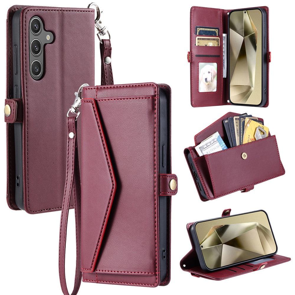 For Samsung Galaxy A57 5G Leather Case with Wrist Strap Wallet Stand Phone Cover - Wine Red