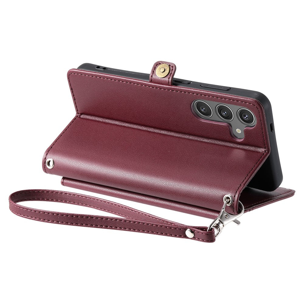 For Samsung Galaxy A57 5G Leather Case with Wrist Strap Wallet Stand Phone Cover - Wine Red