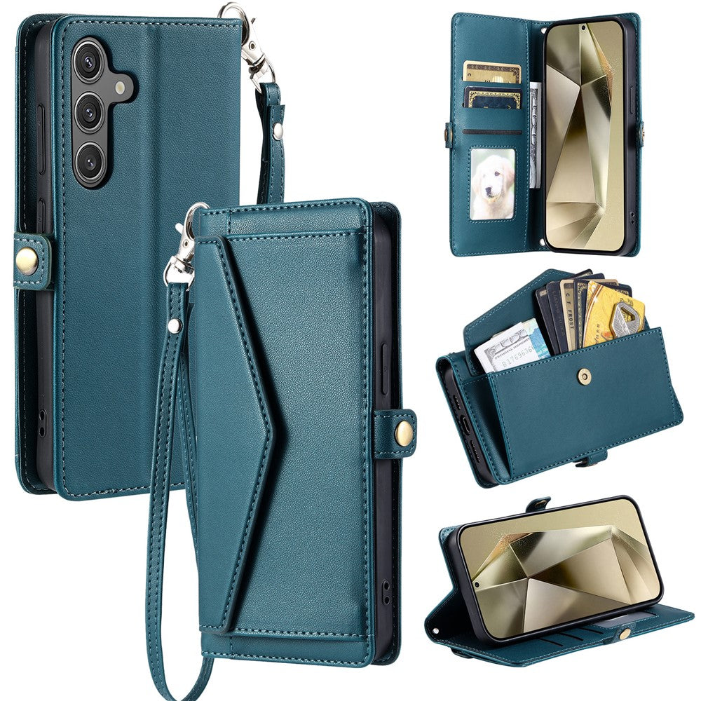 For Samsung Galaxy A57 5G Leather Case with Wrist Strap Wallet Stand Phone Cover - Blackish Green
