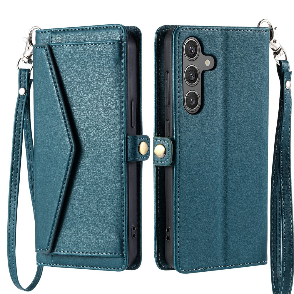 For Samsung Galaxy A57 5G Leather Case with Wrist Strap Wallet Stand Phone Cover - Blackish Green