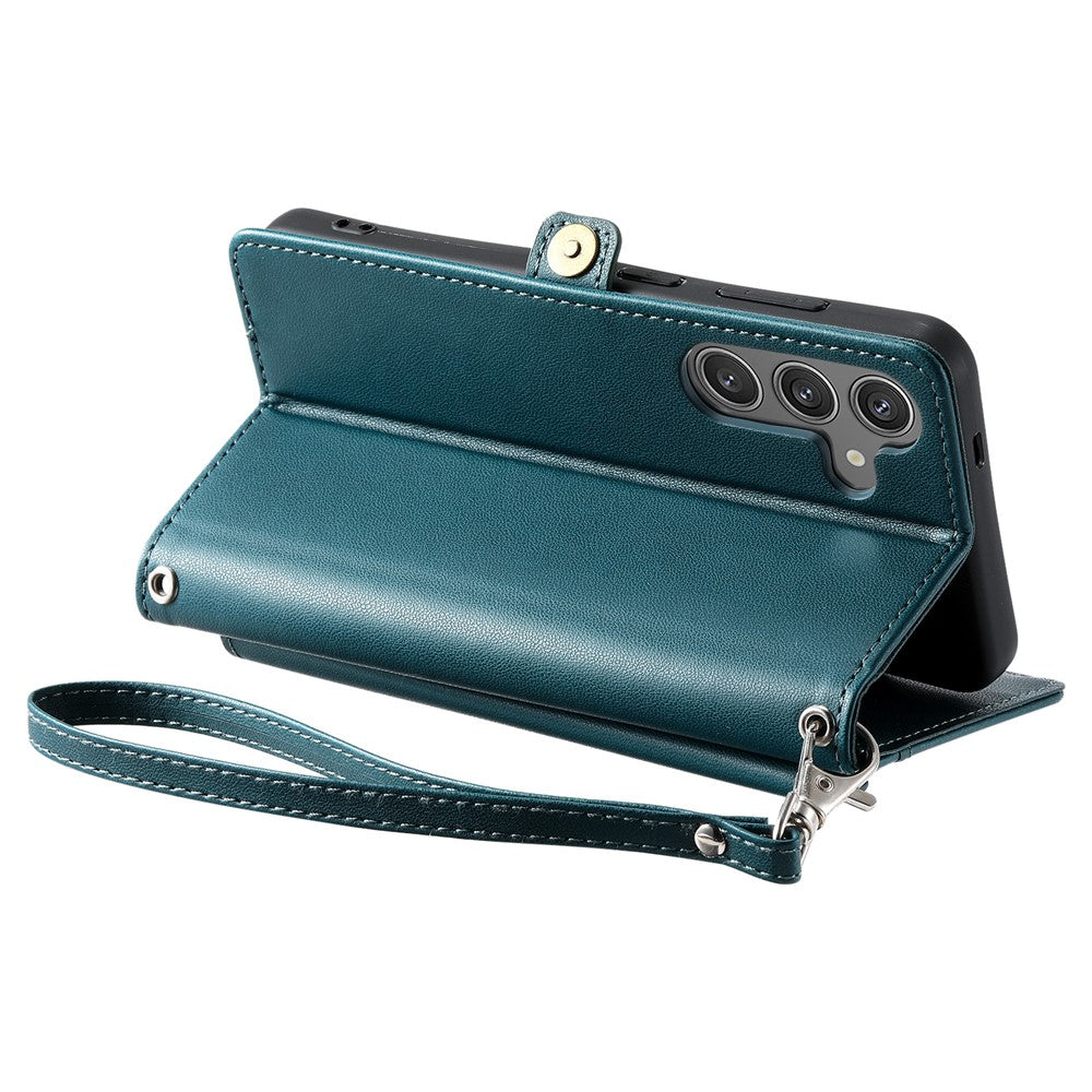 For Samsung Galaxy A57 5G Leather Case with Wrist Strap Wallet Stand Phone Cover - Blackish Green