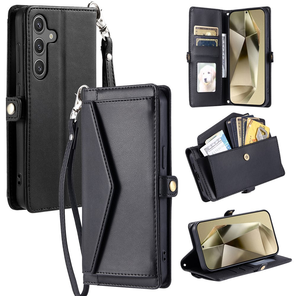 For Samsung Galaxy A57 5G Leather Case with Wrist Strap Wallet Stand Phone Cover - Black