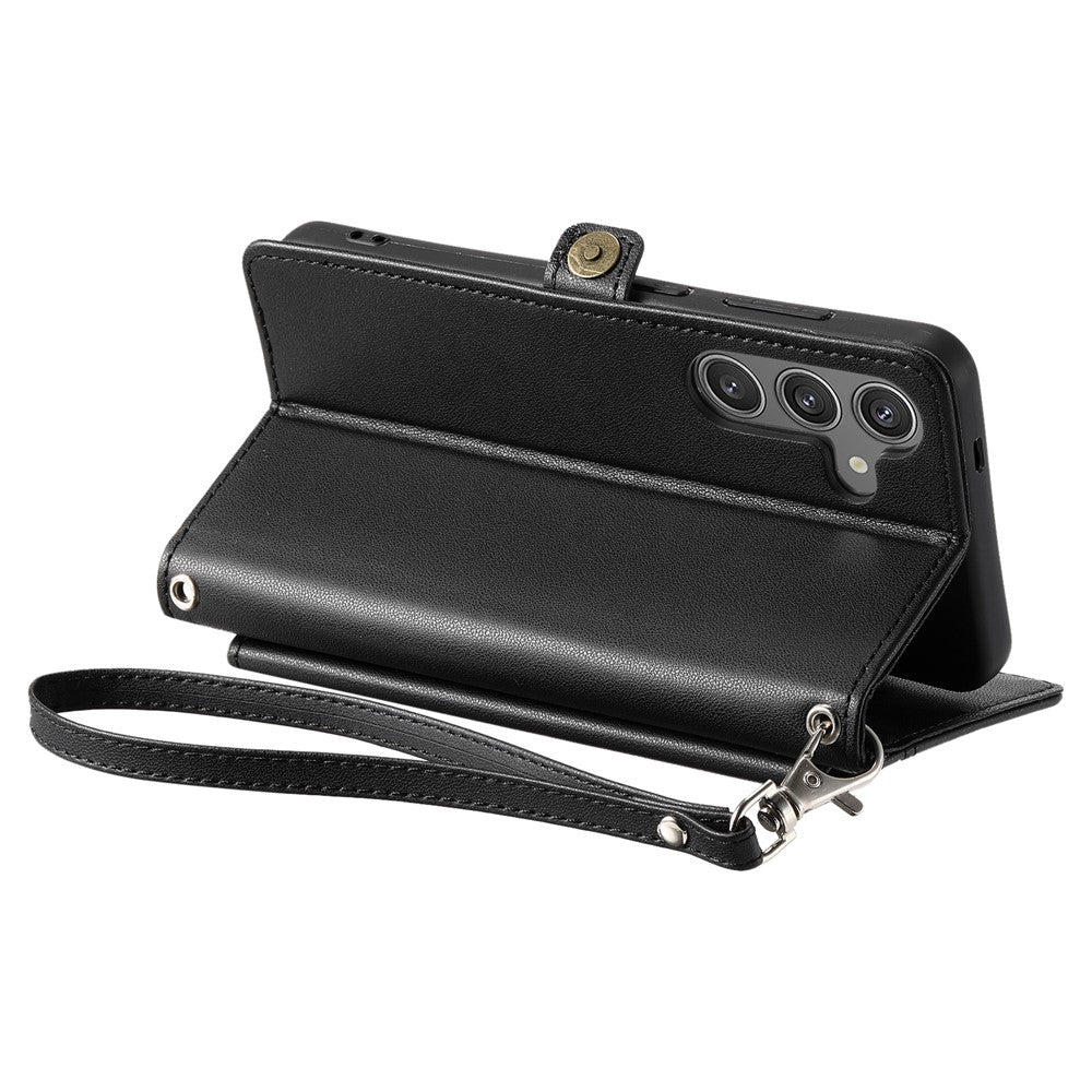 For Samsung Galaxy A57 5G Leather Case with Wrist Strap Wallet Stand Phone Cover - Black