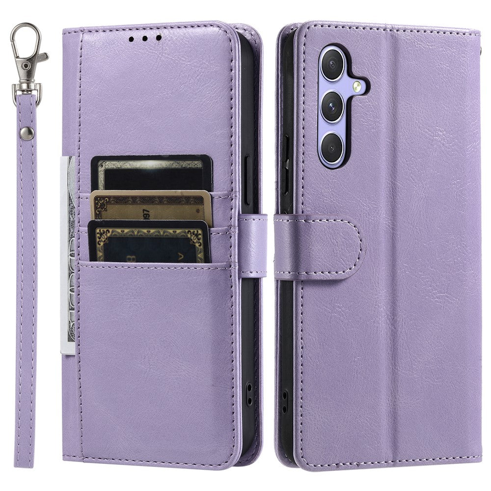 For Samsung Galaxy A57 5G Case 6 Card Slots PU Leather Anti-Fall Phone Cover with Wrist Strap - Purple