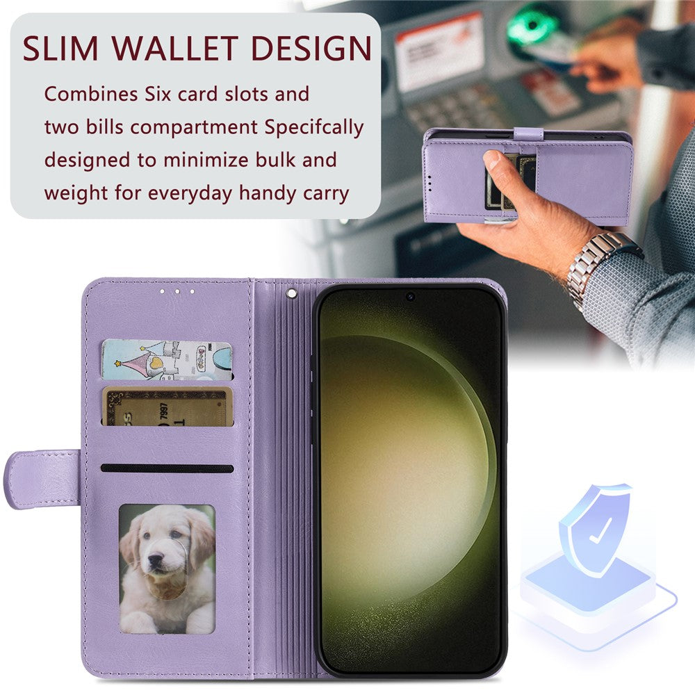 For Samsung Galaxy A57 5G Case 6 Card Slots PU Leather Anti-Fall Phone Cover with Wrist Strap - Purple