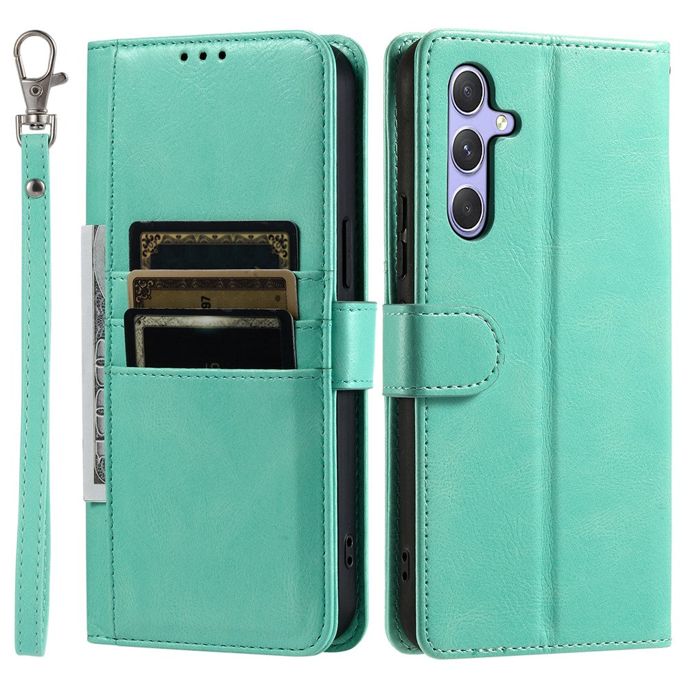 For Samsung Galaxy A57 5G Case 6 Card Slots PU Leather Anti-Fall Phone Cover with Wrist Strap - Mint Green