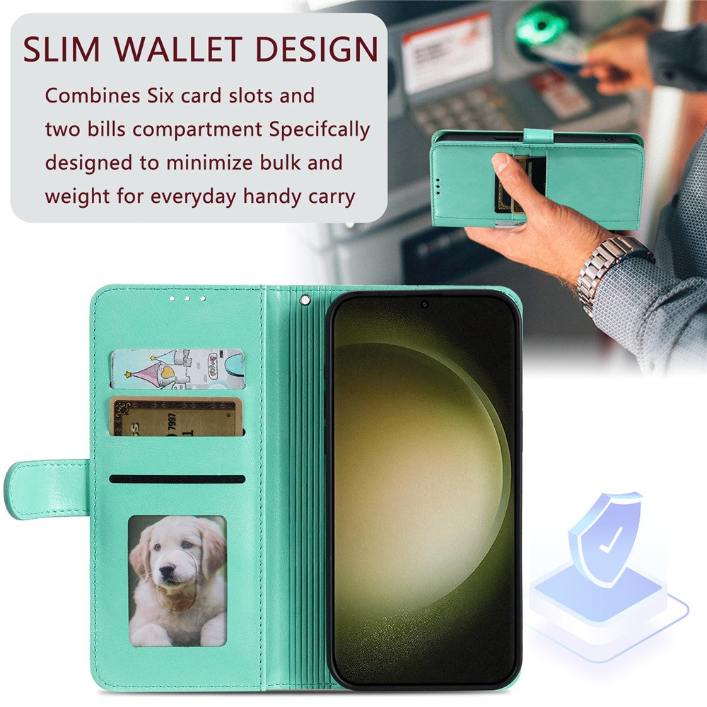 For Samsung Galaxy A57 5G Case 6 Card Slots PU Leather Anti-Fall Phone Cover with Wrist Strap - Mint Green