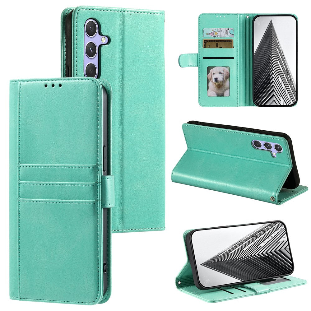 For Samsung Galaxy A57 5G Case 6 Card Slots PU Leather Anti-Fall Phone Cover with Wrist Strap - Mint Green