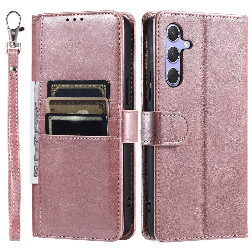 For Samsung Galaxy A57 5G Case 6 Card Slots PU Leather Anti-Fall Phone Cover with Wrist Strap - Rose Gold