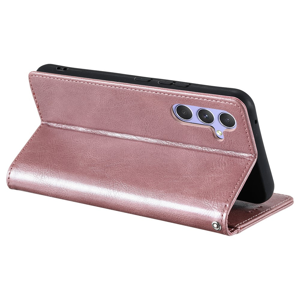 For Samsung Galaxy A57 5G Case 6 Card Slots PU Leather Anti-Fall Phone Cover with Wrist Strap - Rose Gold