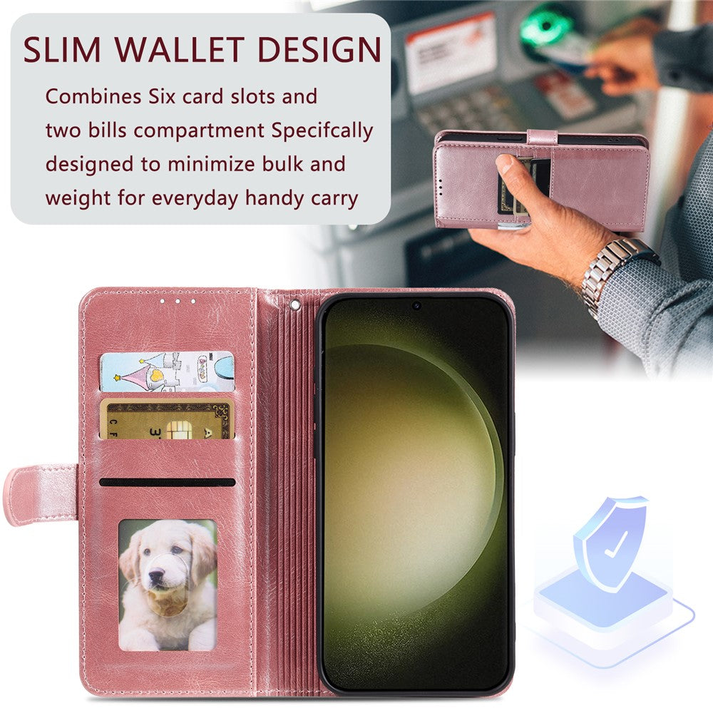 For Samsung Galaxy A57 5G Case 6 Card Slots PU Leather Anti-Fall Phone Cover with Wrist Strap - Rose Gold