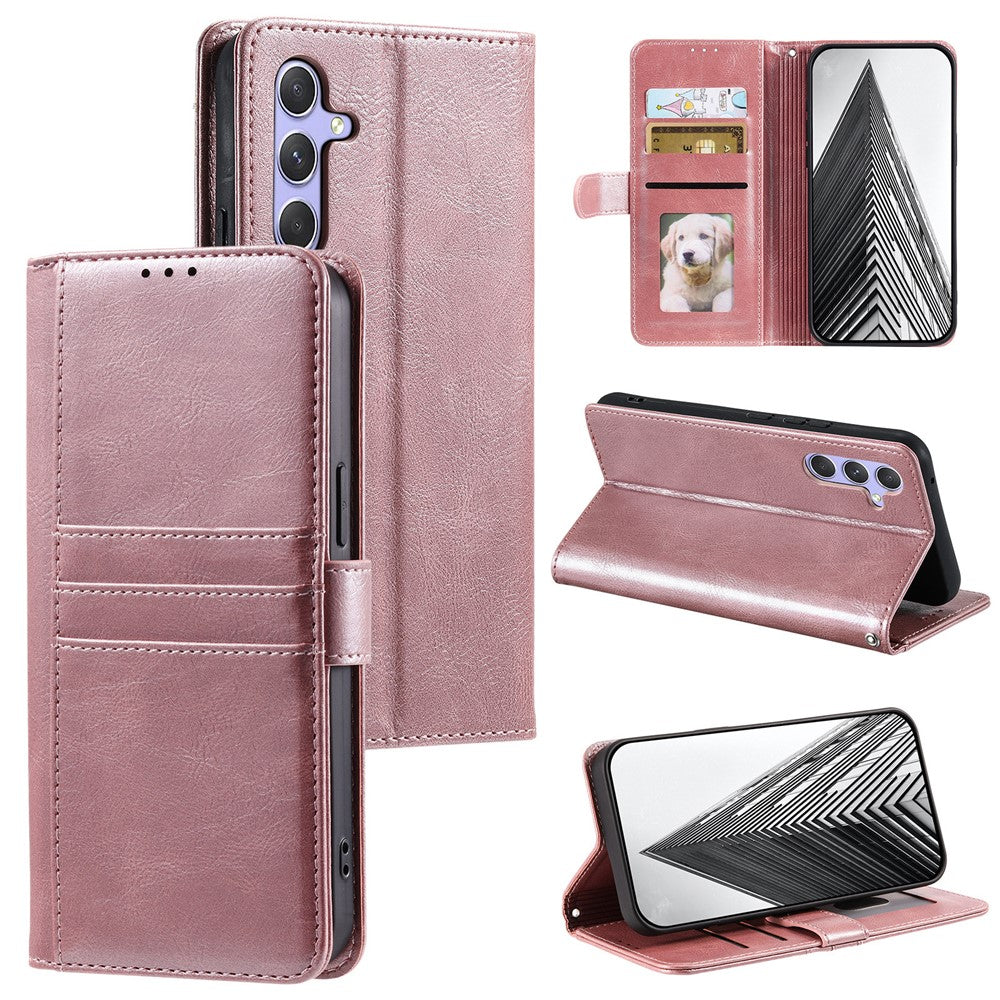 For Samsung Galaxy A57 5G Case 6 Card Slots PU Leather Anti-Fall Phone Cover with Wrist Strap - Rose Gold