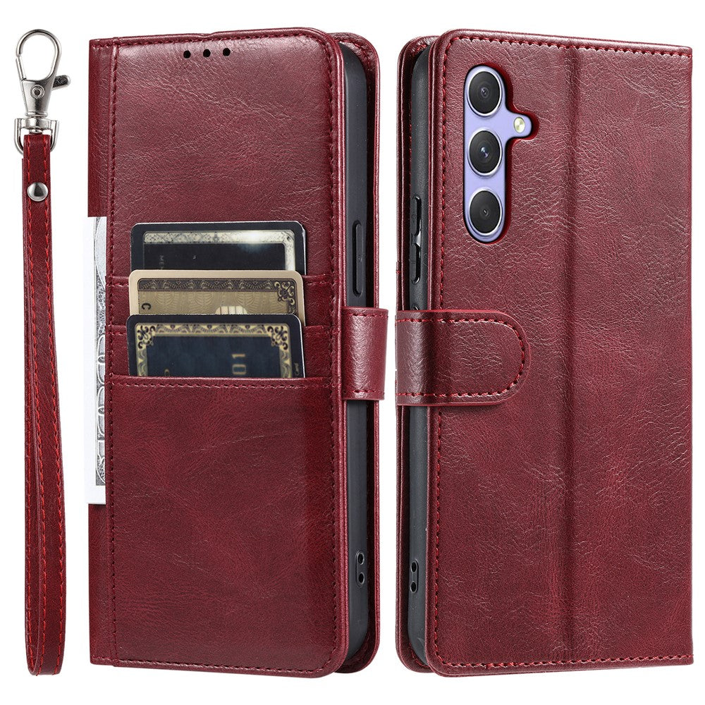 For Samsung Galaxy A57 5G Case 6 Card Slots PU Leather Anti-Fall Phone Cover with Wrist Strap - Wine Red