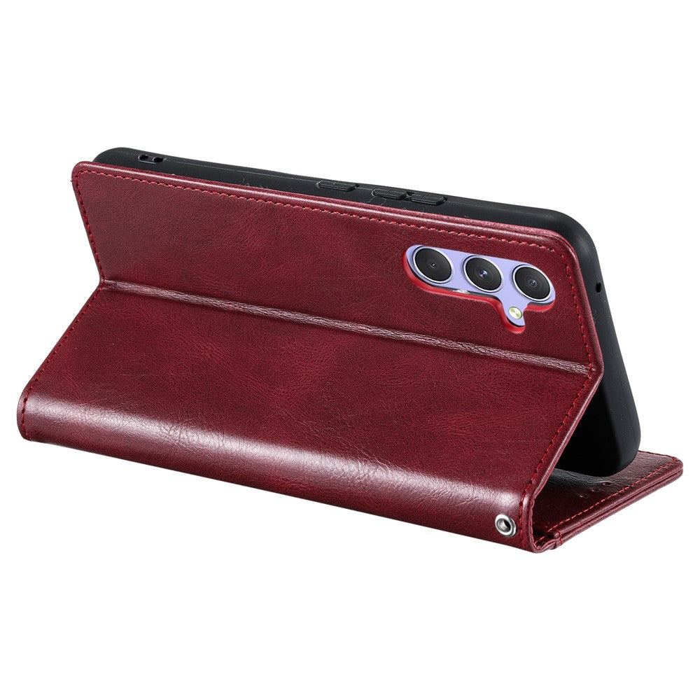 For Samsung Galaxy A57 5G Case 6 Card Slots PU Leather Anti-Fall Phone Cover with Wrist Strap - Wine Red