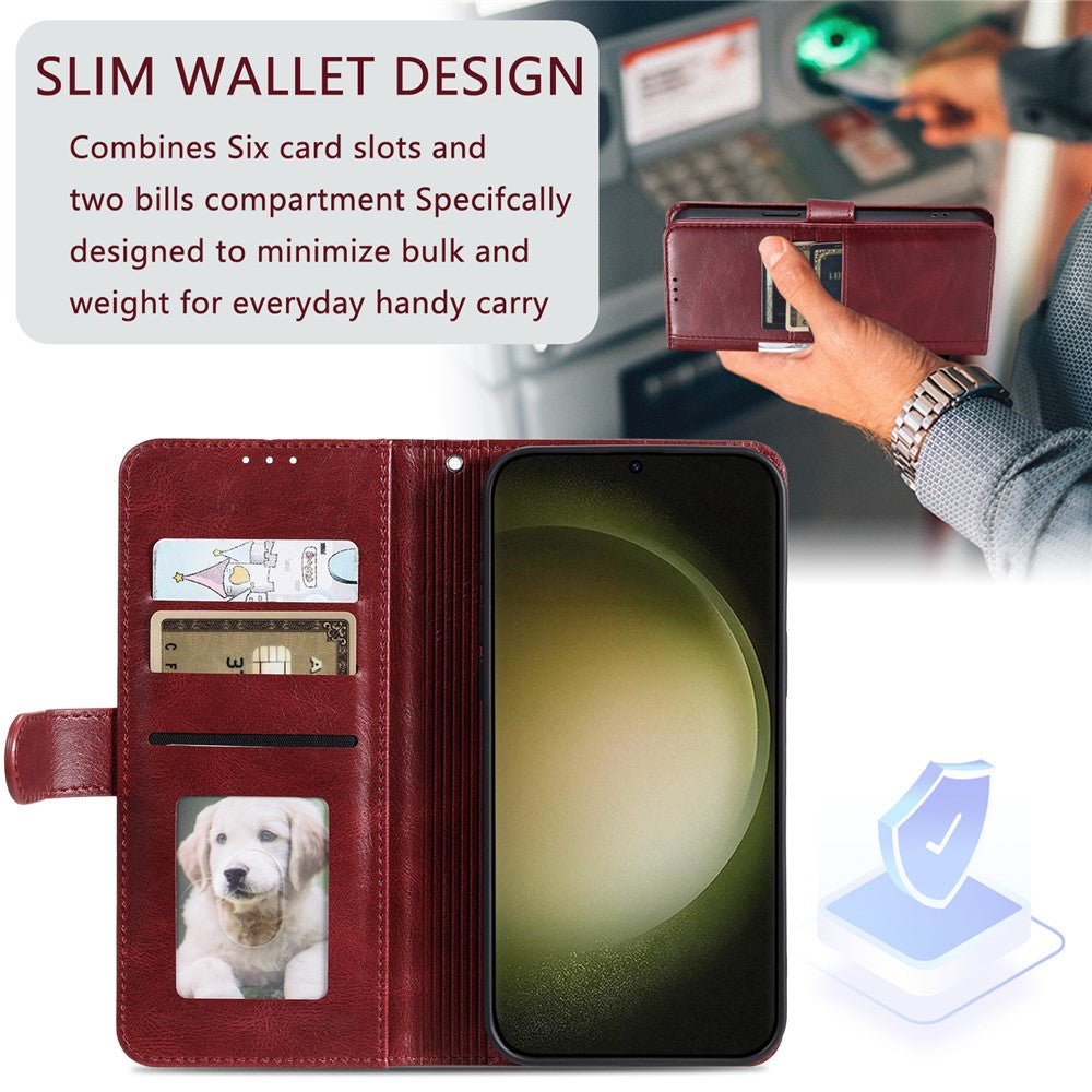 For Samsung Galaxy A57 5G Case 6 Card Slots PU Leather Anti-Fall Phone Cover with Wrist Strap - Wine Red