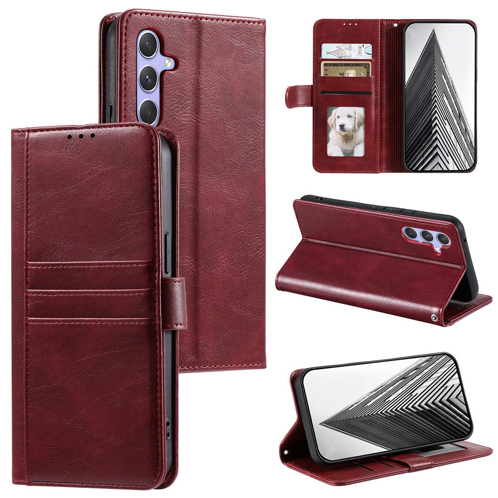 For Samsung Galaxy A57 5G Case 6 Card Slots PU Leather Anti-Fall Phone Cover with Wrist Strap - Wine Red