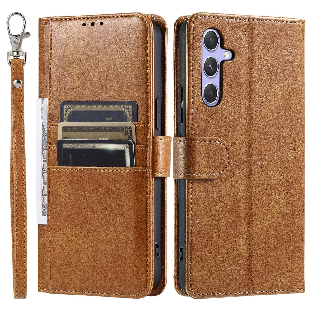For Samsung Galaxy A57 5G Case 6 Card Slots PU Leather Anti-Fall Phone Cover with Wrist Strap - Brown