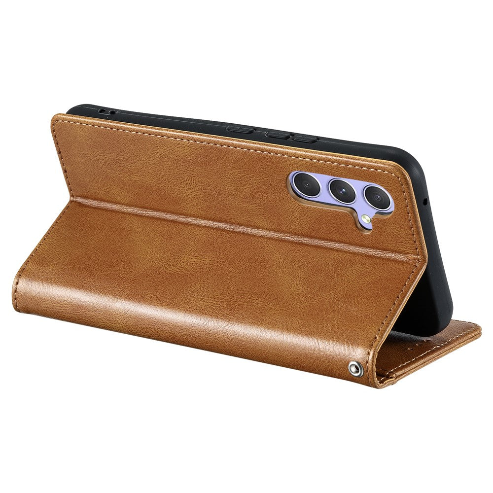 For Samsung Galaxy A57 5G Case 6 Card Slots PU Leather Anti-Fall Phone Cover with Wrist Strap - Brown