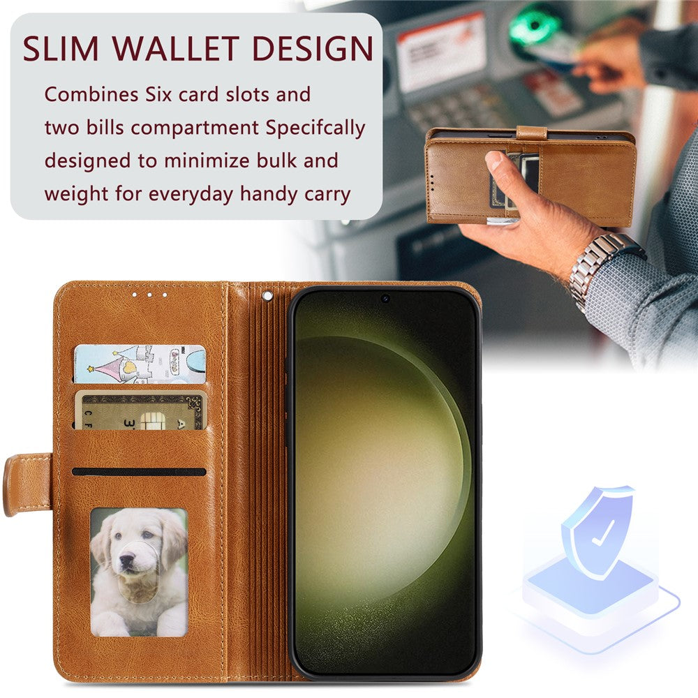 For Samsung Galaxy A57 5G Case 6 Card Slots PU Leather Anti-Fall Phone Cover with Wrist Strap - Brown