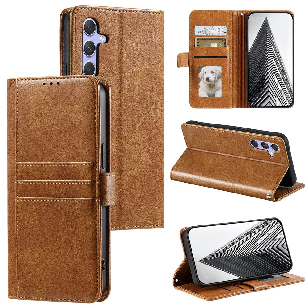 For Samsung Galaxy A57 5G Case 6 Card Slots PU Leather Anti-Fall Phone Cover with Wrist Strap - Brown