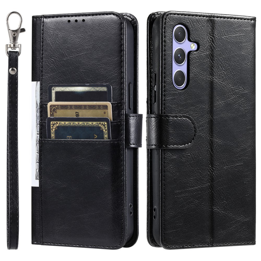 For Samsung Galaxy A57 5G Case 6 Card Slots PU Leather Anti-Fall Phone Cover with Wrist Strap - Black