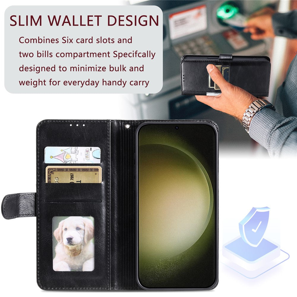 For Samsung Galaxy A57 5G Case 6 Card Slots PU Leather Anti-Fall Phone Cover with Wrist Strap - Black
